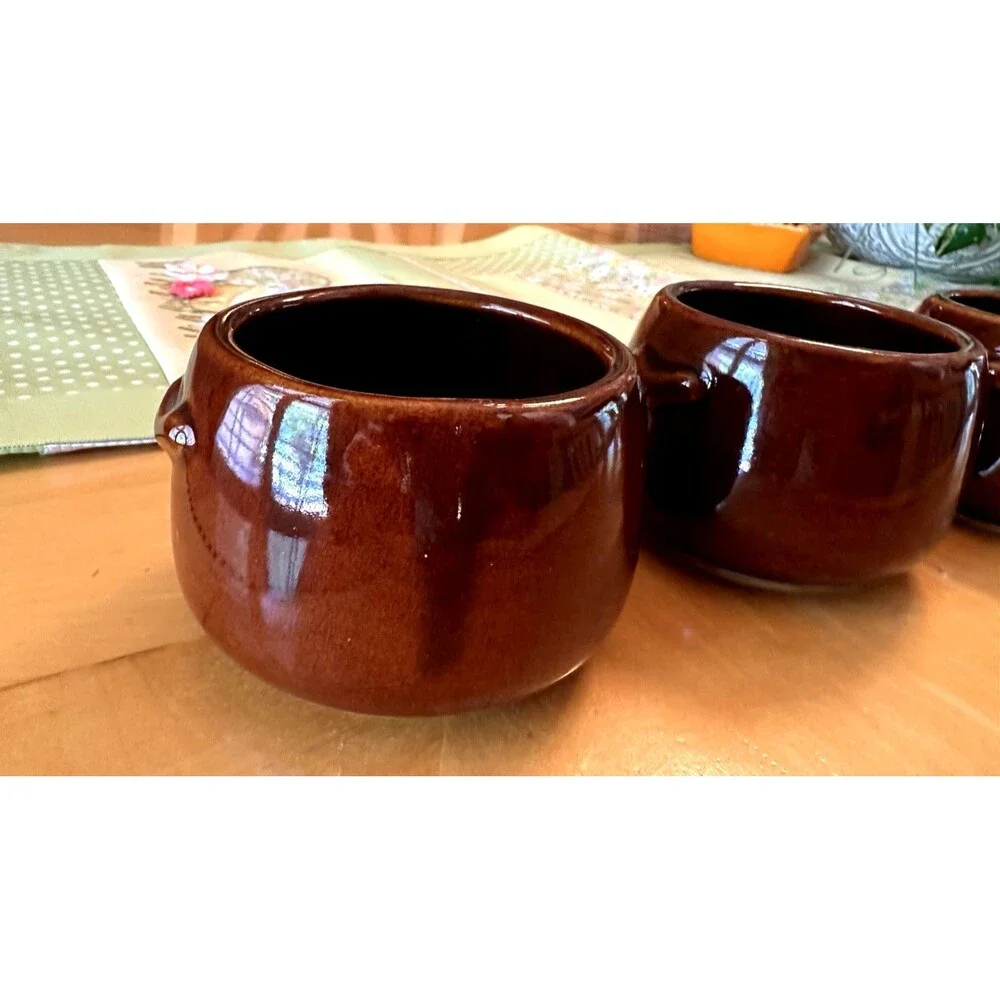 Vintage West Bend USA Brown Glaze Set Of 3 Mini Ceramic Bean Pot 3.5” Diameter